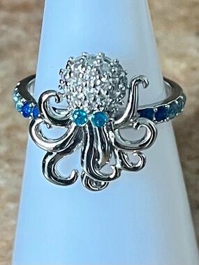BP Atlantis Waves of Sparkle Silver Octopus Cocktail Ring with Blue Accents HTF